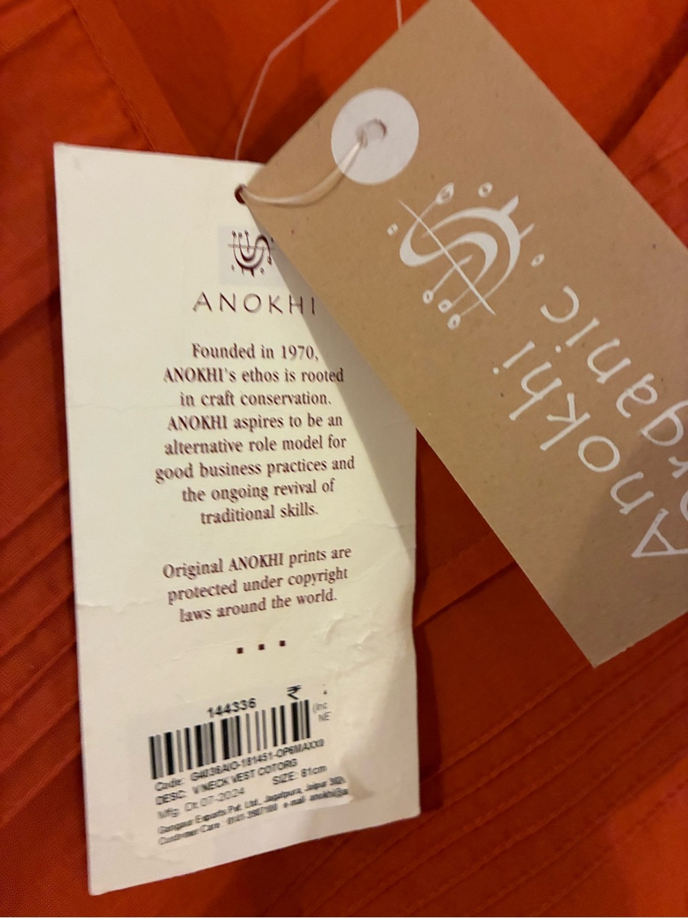 NWT ANOKHI Organic Cotton Pintuck Top Orange XS - Picture 6 of 6